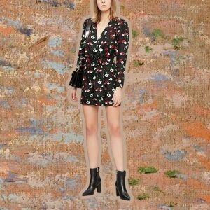 NWT The Kooples ‘Fleur Naive Silk-Blend Mini Wrap Dress’ in Black Floral Size 1
